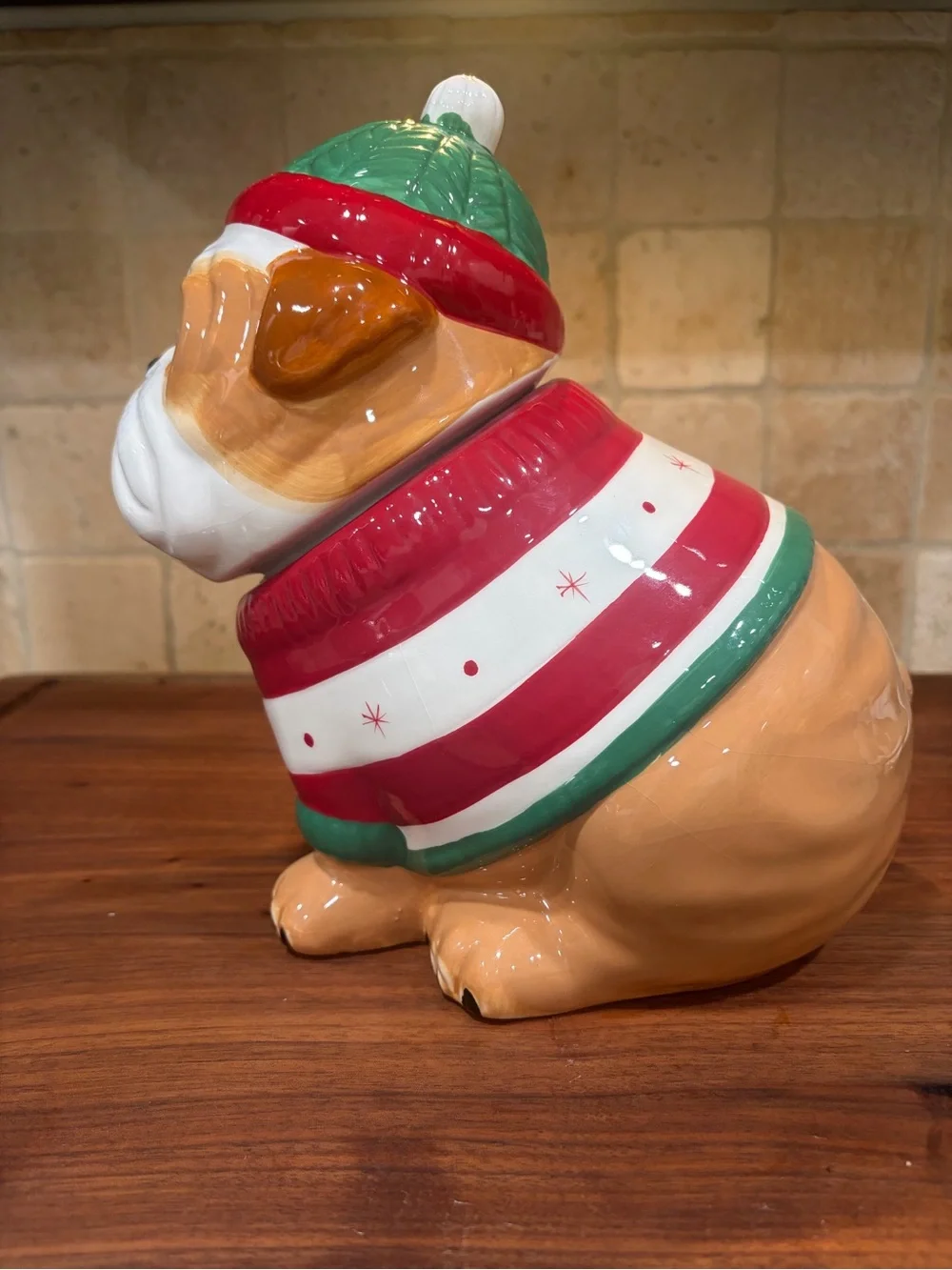 Holiday Bulldog Ceramic Cookie Jar - Red, Green, White